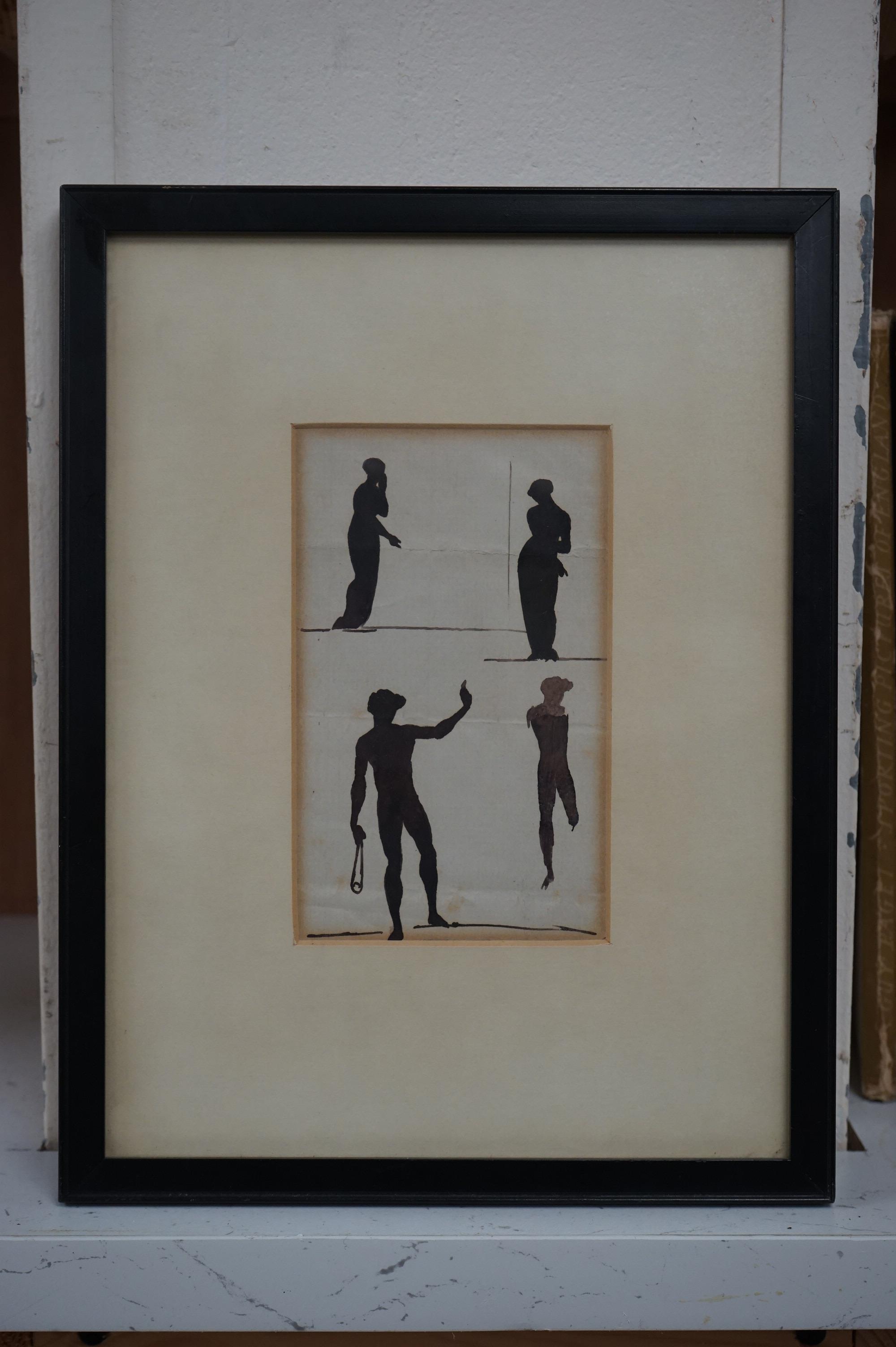 Attributed to William De Morgan, ink on paper, silhouettes of classical figures, 13 x 8cm. Condition - fair